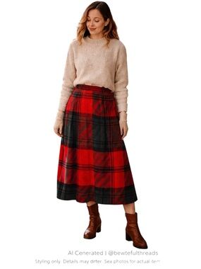 Aldichi Tartan Plaid Midi Skirt Wool Blend A-Line Winter 6–8